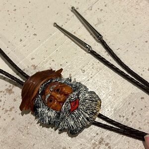 Rare! Hand Carved Vintage Bolo Tie Wooden Bearded Man MAC Artisan Carved Leather